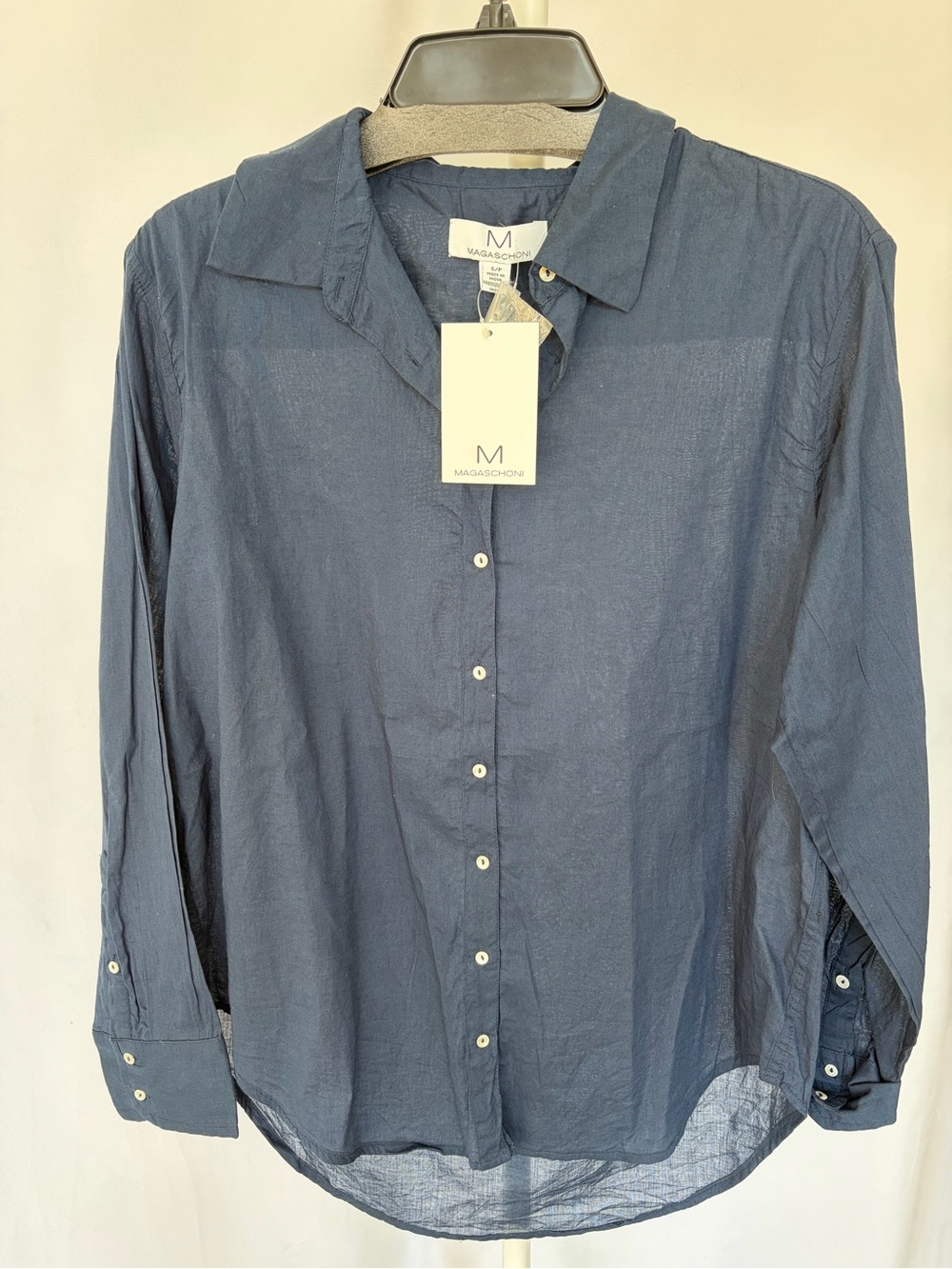 Magaschoni Navy Lightweight Button-Front Blouse-Small